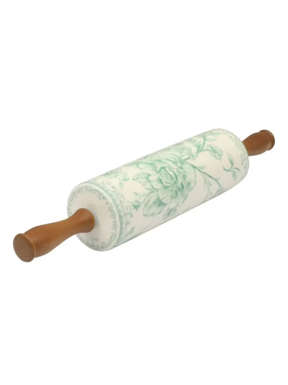 The Pioneer Woman Green Wood Handles Floral Design Agatha Ceramic Rolling Pin